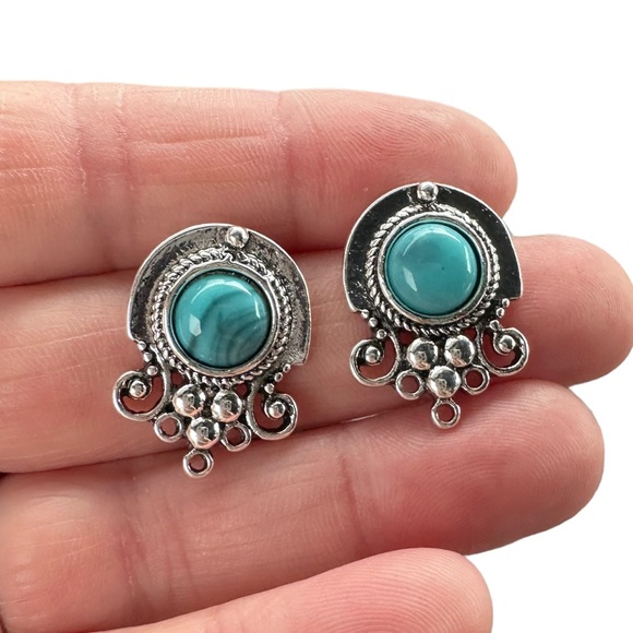 Silver and Turquoise Designed Drop Earrings - Picture 4 of 6